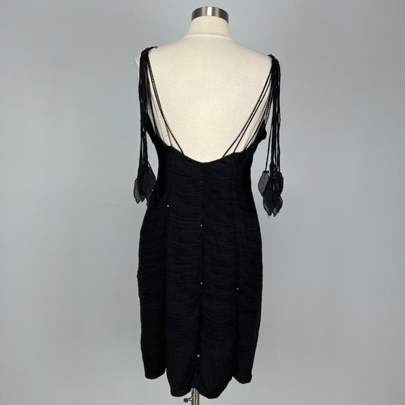 Sue Wong Silk Ruched Evening Dress Black Beaded Sequins Leaf Tassels size 14 - Picture 9 of 16